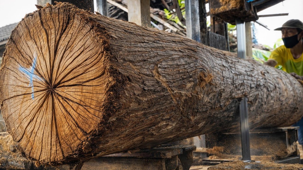 Proses Penggergajian Kayu Jati Besar di Sawmill