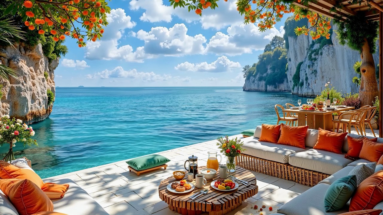 Seaside Jazz Cafe ~ Positive Morning Bossa Nova Music & Ocean Wave Sounds for Work and Study
