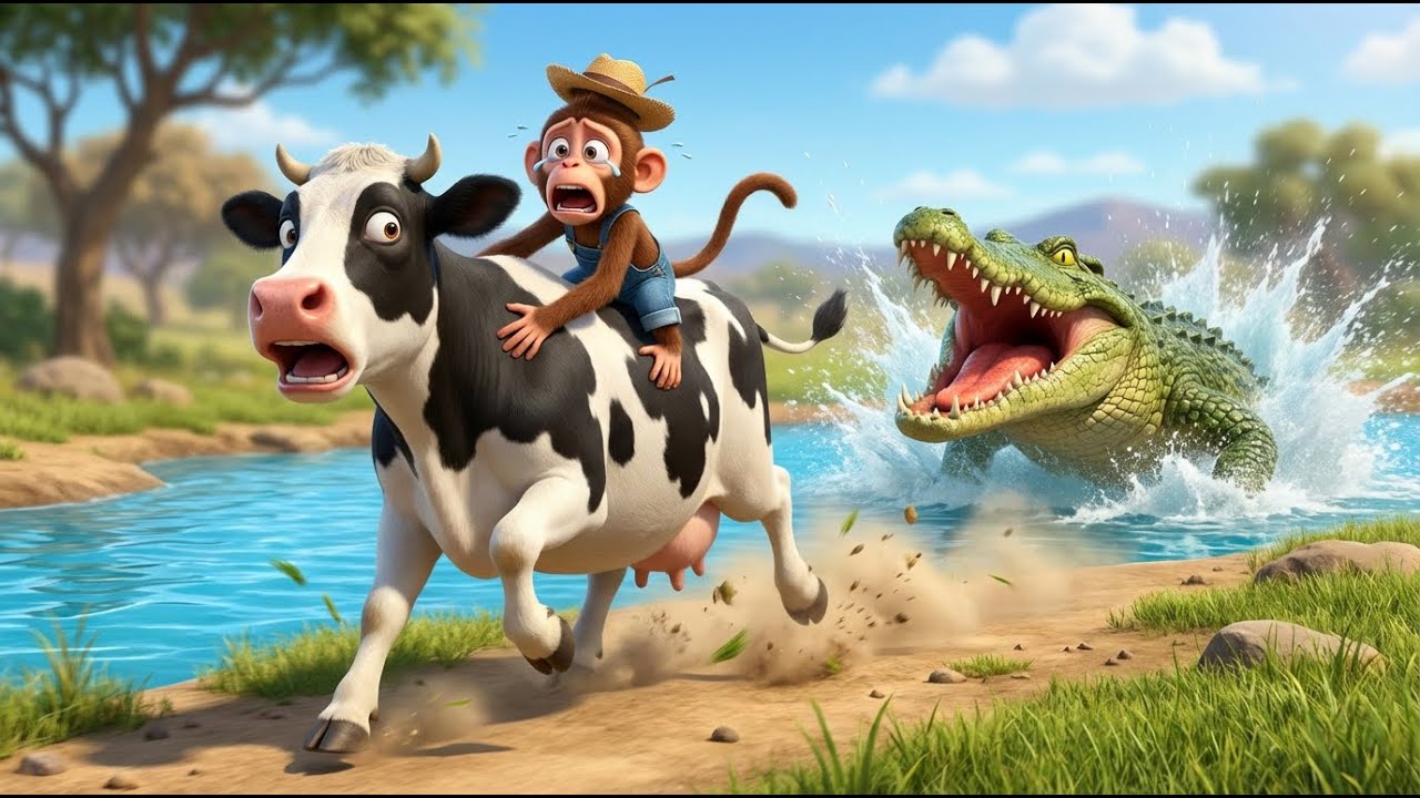 🐊 Oh No! Crocodile at the Farm—Monkey to the Rescue as the Cow Runs for Safety by the River