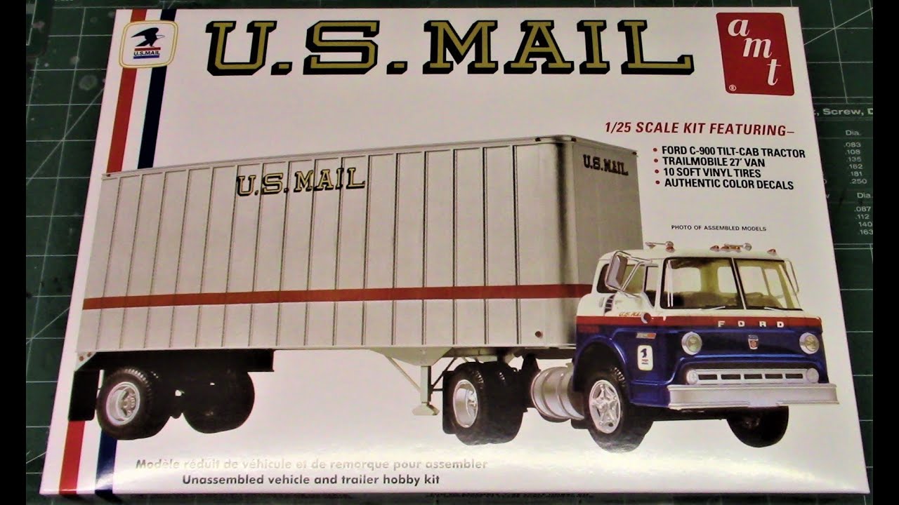 FORD C600 US MAIL TRUCK with USPS TRAILER 1/25 SCALE MODEL KIT REVIEW UNBOXING AMT C SERIES