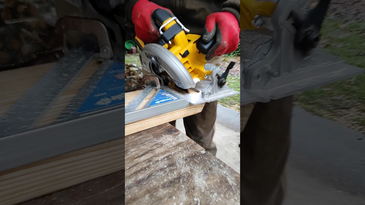 Dewalt DCS570  cordless brushless 20 V circular saw in action cutting angle