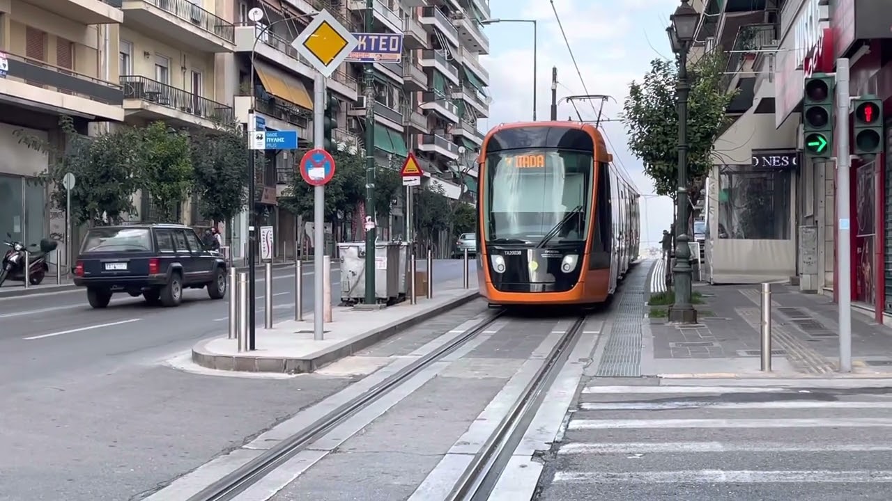 Athens Tram Line 7 arriving at Evaggelistria station