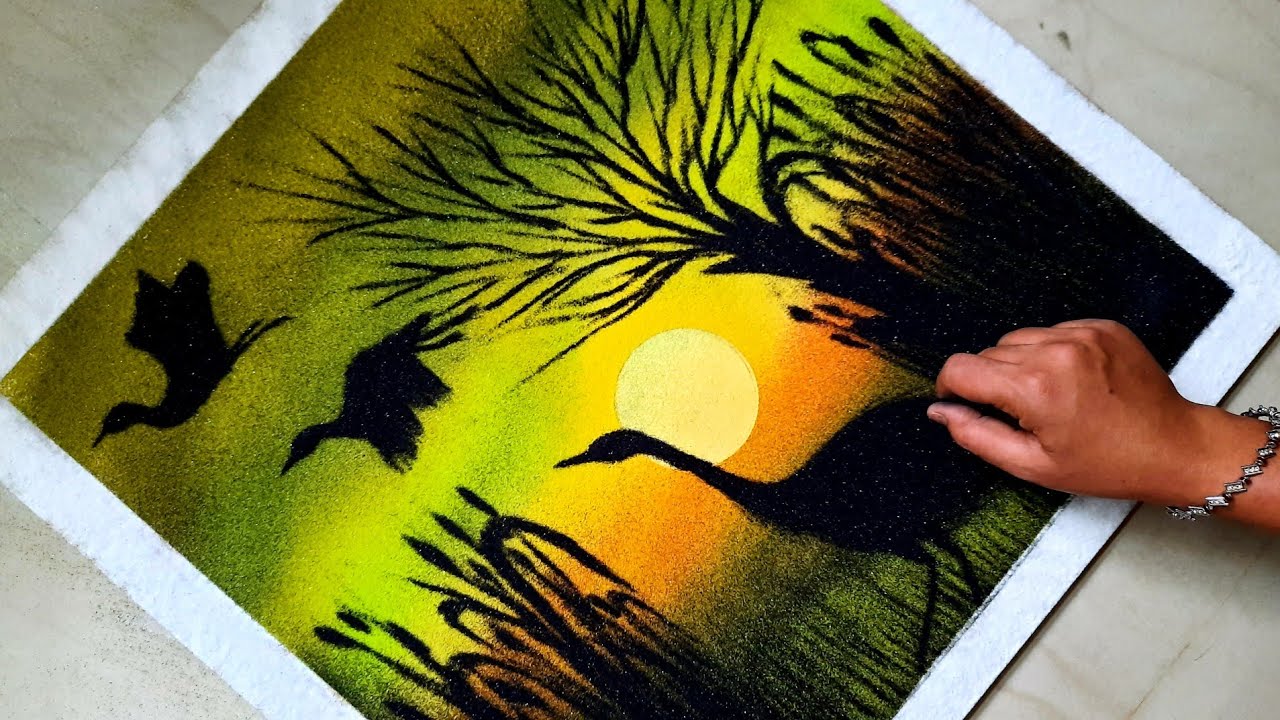 Scenery Poster Rangoli of Birds for Navratri,Unique Creative Beautiful Rangoli Designs /Bird Rangoli