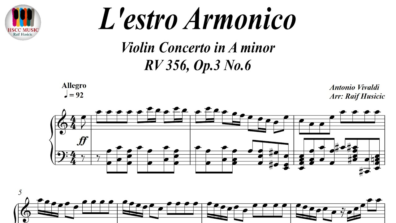L'estro Armonico, Violin Concerto in A minor RV 356, Op.3 No.6 - Antonio Vivaldi, Piano Sheet Music