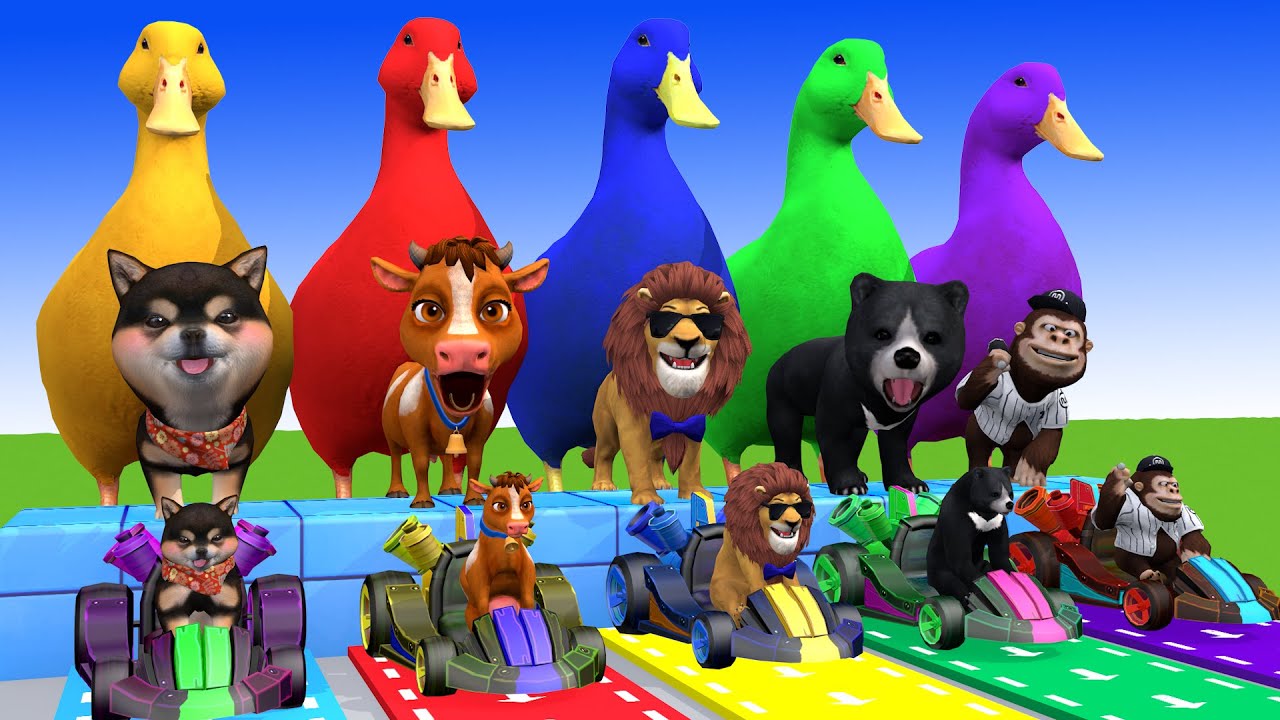 5 Giant Duck Cartoon,Cow,Duck,Puppy,Lion,Bear,Wukong Paint Wild Animals Crossing Fountain Animation