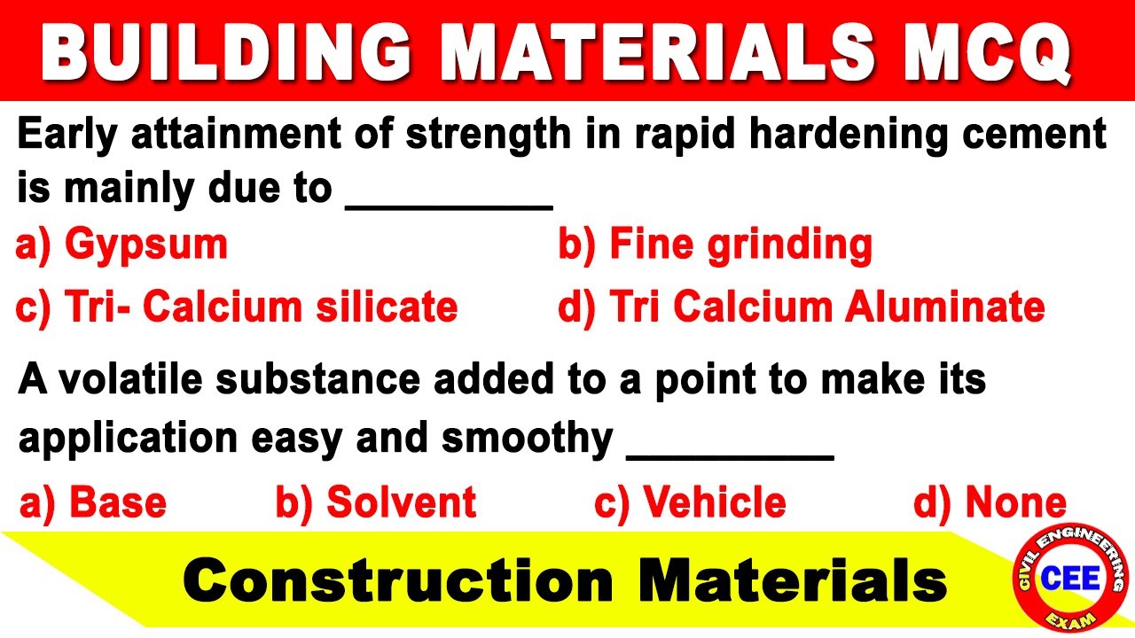 Construction material mcq | MCQ on construction materials | Building material mcq | GATE | SSC-JE