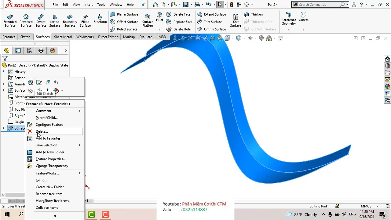 Chuyên sâu về lệnh Extrude Surface trong Solidworks #1