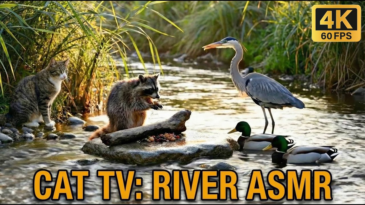 Cat TV for Cats to Watch 🌊 River Stream Raccoon & Heron - Water Sounds - 8 Hours