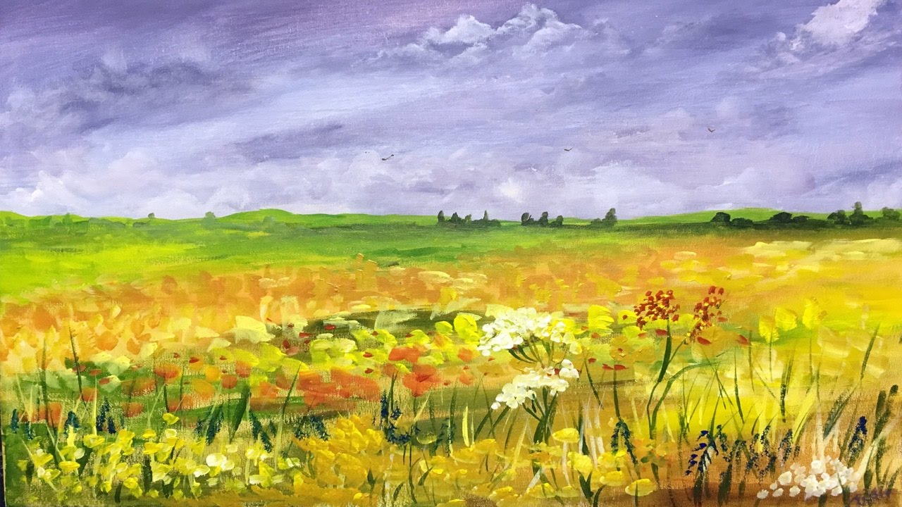 How to paint a Field of Flowers: Acrylic Landscape painting Lesson.