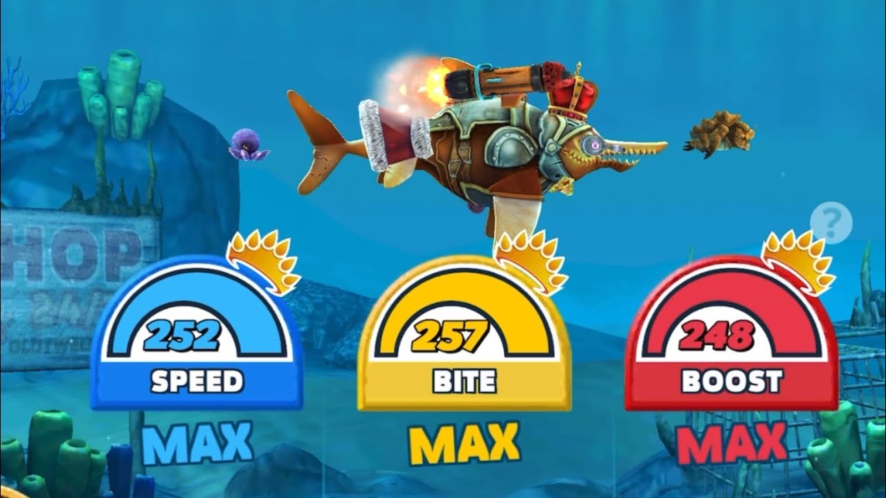 Hungry shark World- buying Sir Sharkington skin and maxing all abilities gameplay.