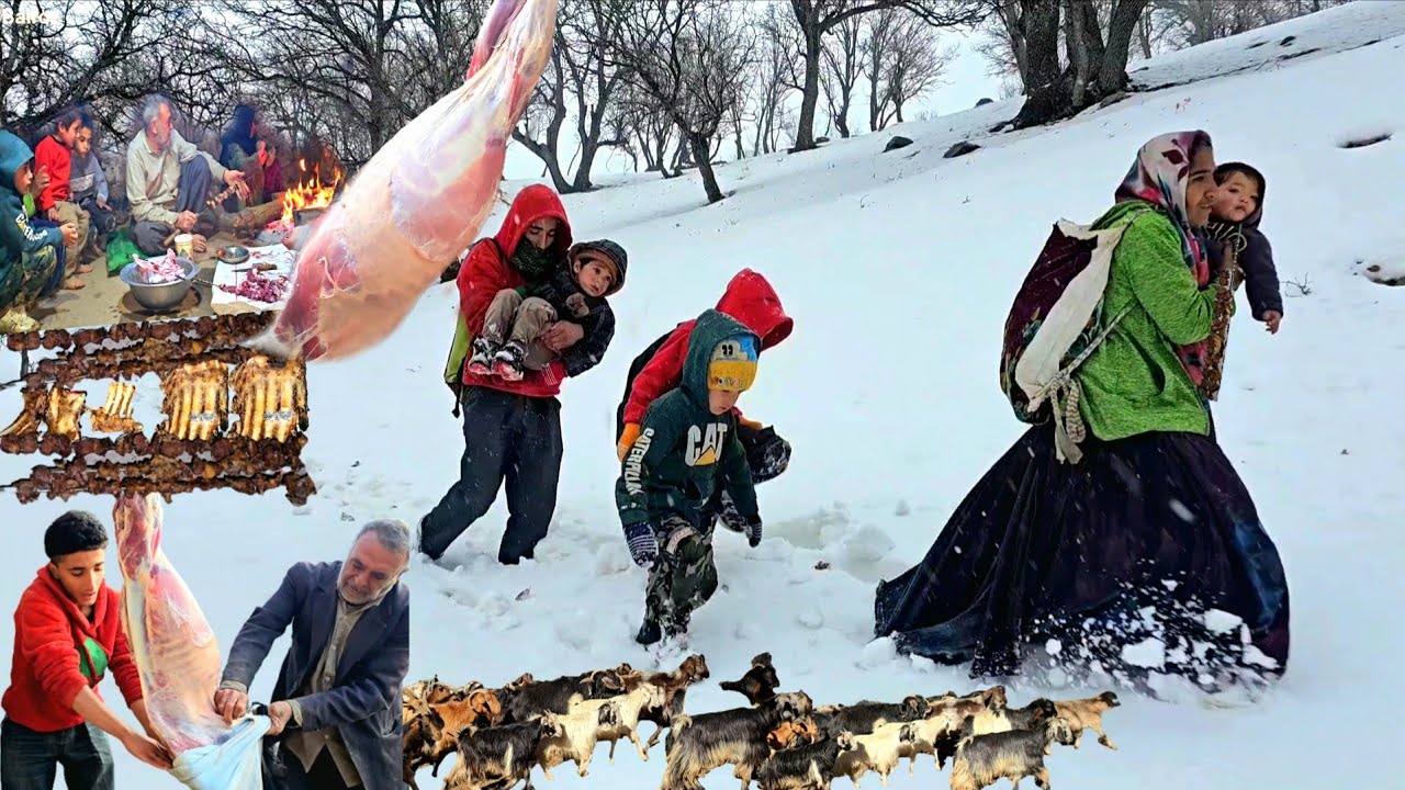 Real nomadic life in Zagros | Family adventure in the winter snow preparing and cooking mutton