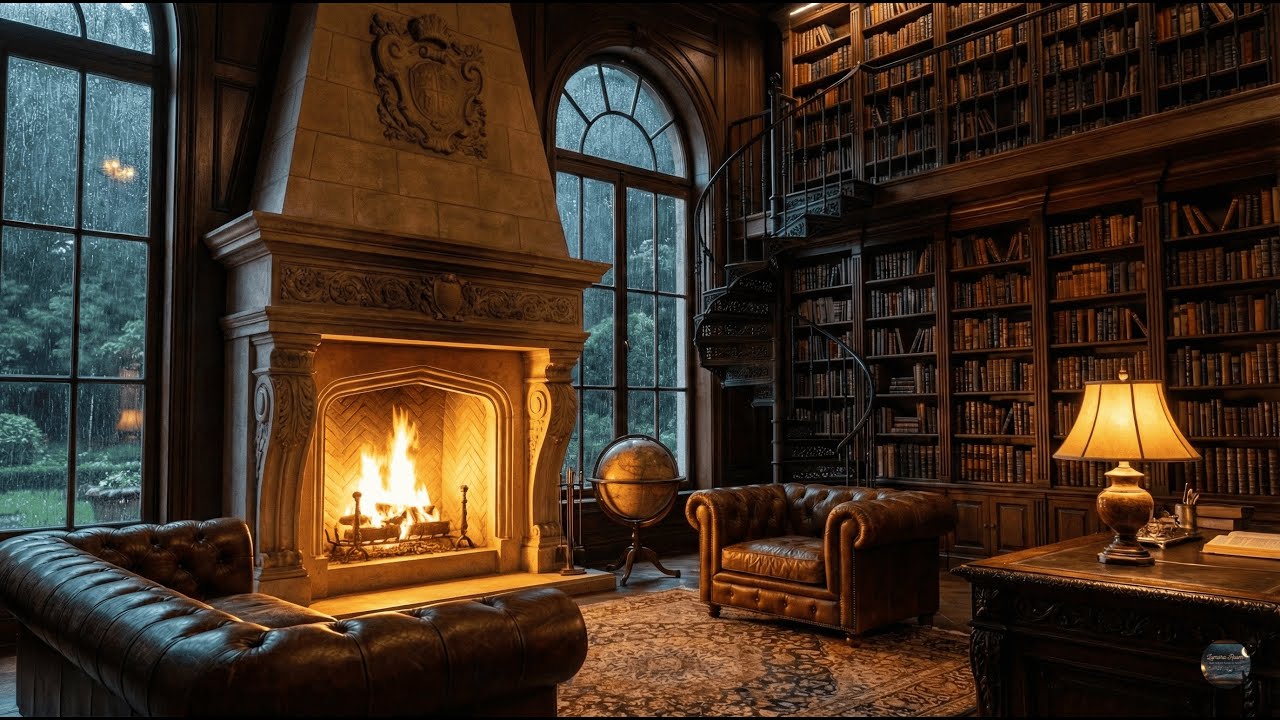 2. Rainy Night in a Cozy Library 🌧️🔥 Fireplace Ambient for Deep Focus & Relaxation