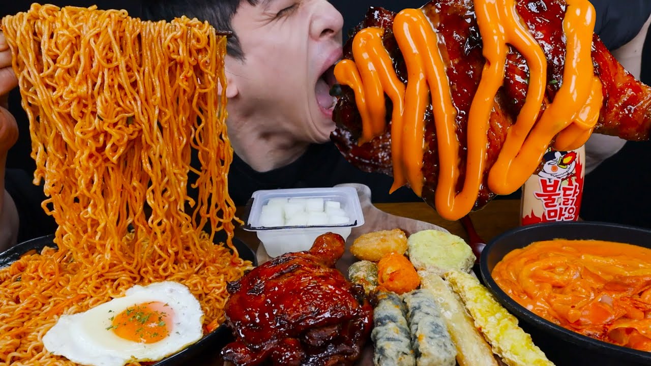 [180cm 95kg 유지어터먹방] 신라면볶음면 & 자메이카통다리 & 로제떡볶이 먹방 SPICY NOODLES & FIRE MAYO BBQ CHICKEN MUKBANG