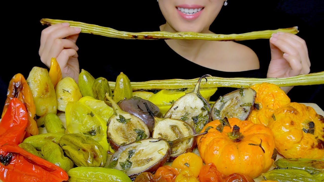 HEALTHY EATING ASMR: ROASTED VEGGIES PLATTER MUKBANG ( Eggplant, Pumpkins,, Drumstick) | TracyN ASMR