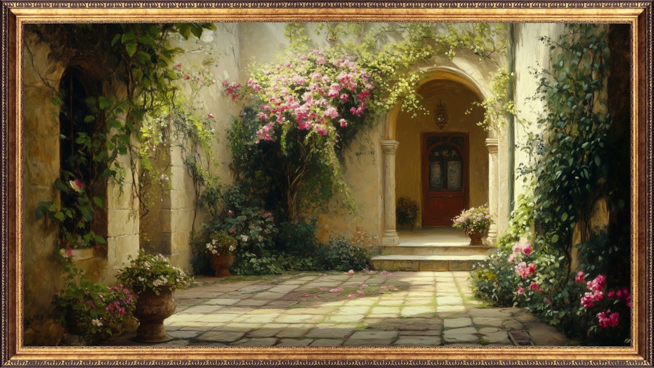 Spring Courtyard Romance | TV Wallpaper | Vintage Garden Oil Painting for TV
