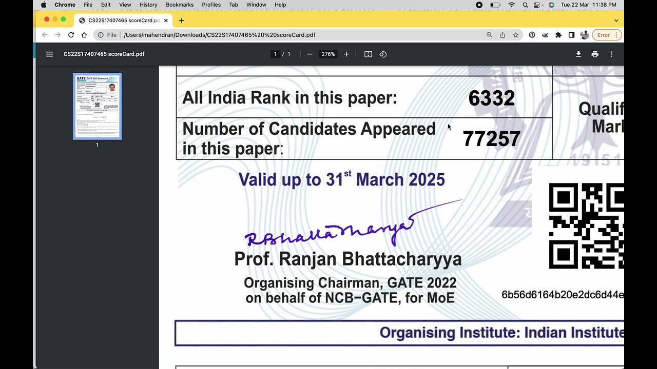 my GATE 2022 Score card of CS Paper