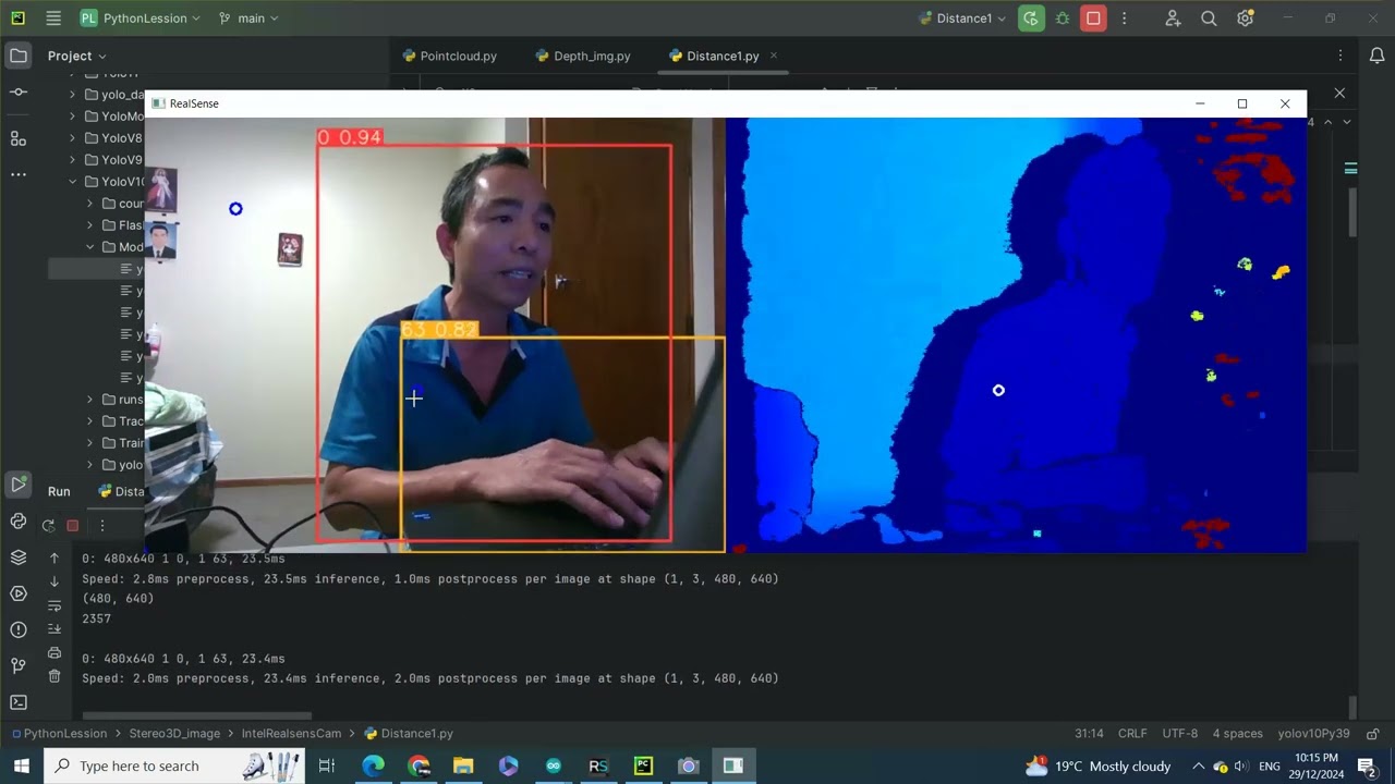 How to use and start  intel realsense camera D455 with Python and Yolo V10 or V11, dept image Camera