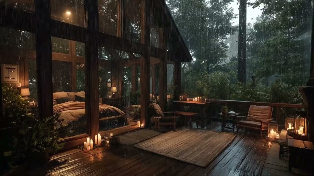 Cozy Mountain View Bedroom 🌧️ Heavy Rain on Deck Ambience for Deep Sleep