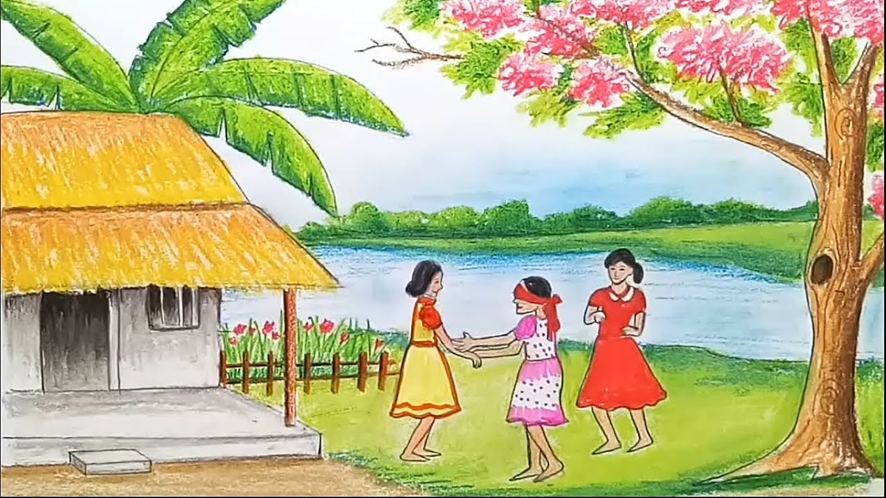 How to draw scenery of children's play /কানামাছি খেলার দৃশ্য step by step