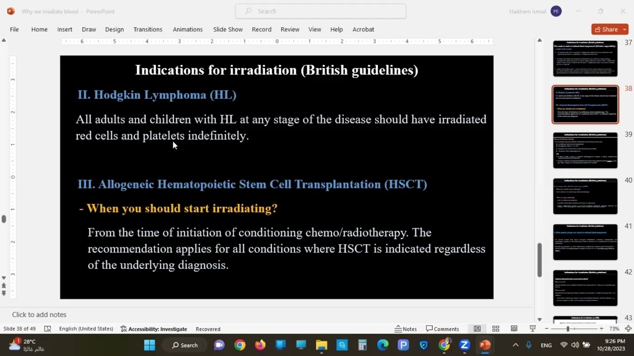 5-Irradiation: Indications for irradiated components (British vs AABB guidelines).