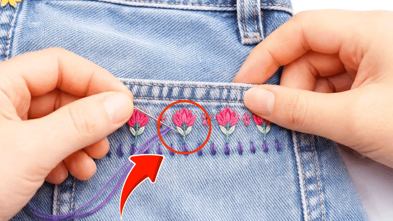 This is How Old Jeans Are Renewed with Red Flower Embroidery