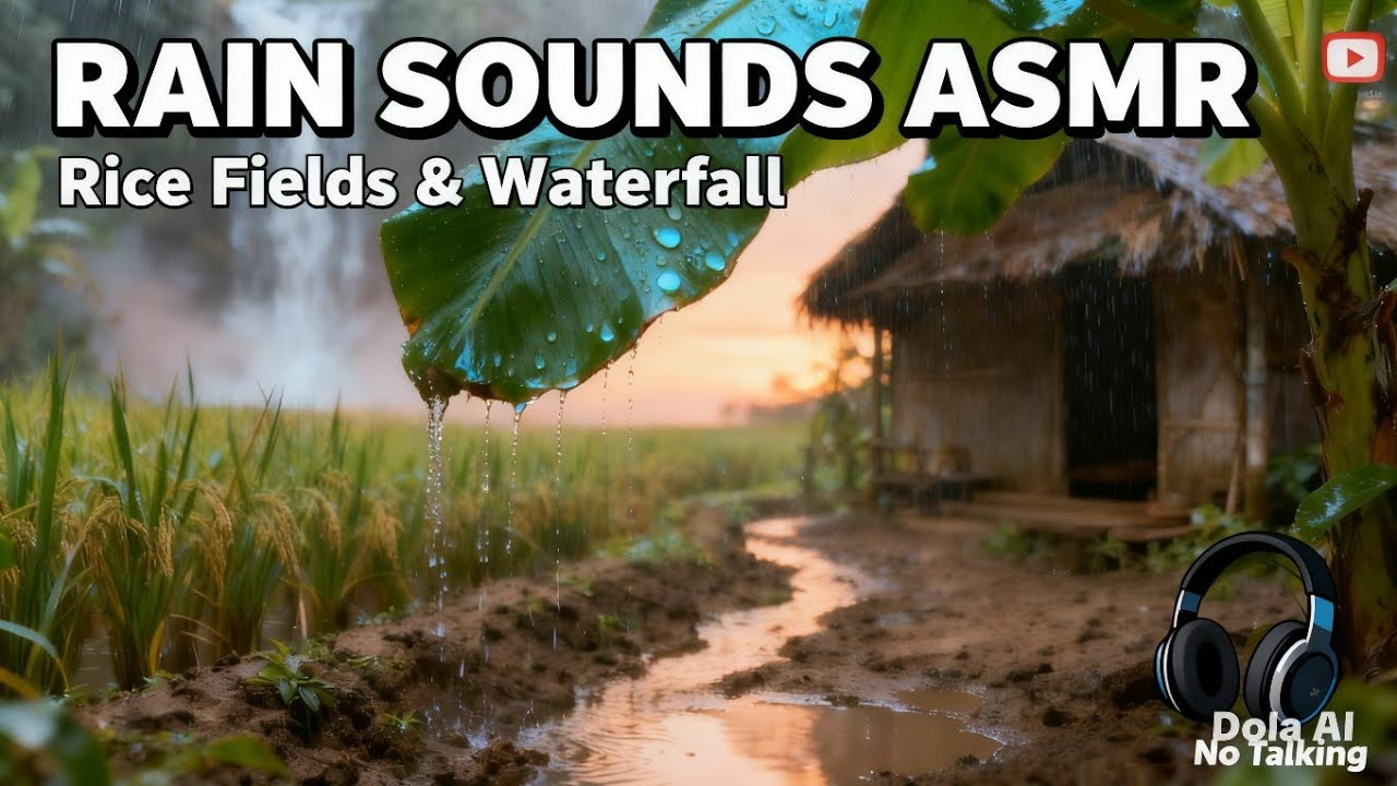 ASMR Rain Sounds in Village Rice Fields,Waterfall & Wooden Hut for Deep Sleep#VillageASMR#RainSounds