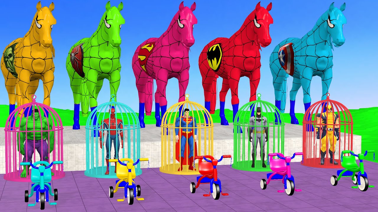 RED HORSE SPIDERMAN CROSSING FOUNTAIN ON RAINBOW SPIDERS BRIDGE AGAINST SHARKS RESCUE ANIMALS GAME