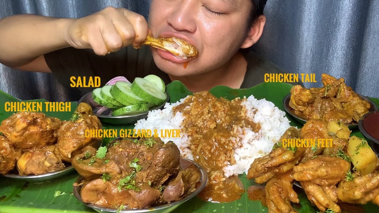 EATING CHICKEN PARTS || CHICKEN GIZZARD & LIVER & FEET & TAIL/BUTT & THIGH || INDIAN STYLE MUKBANG
