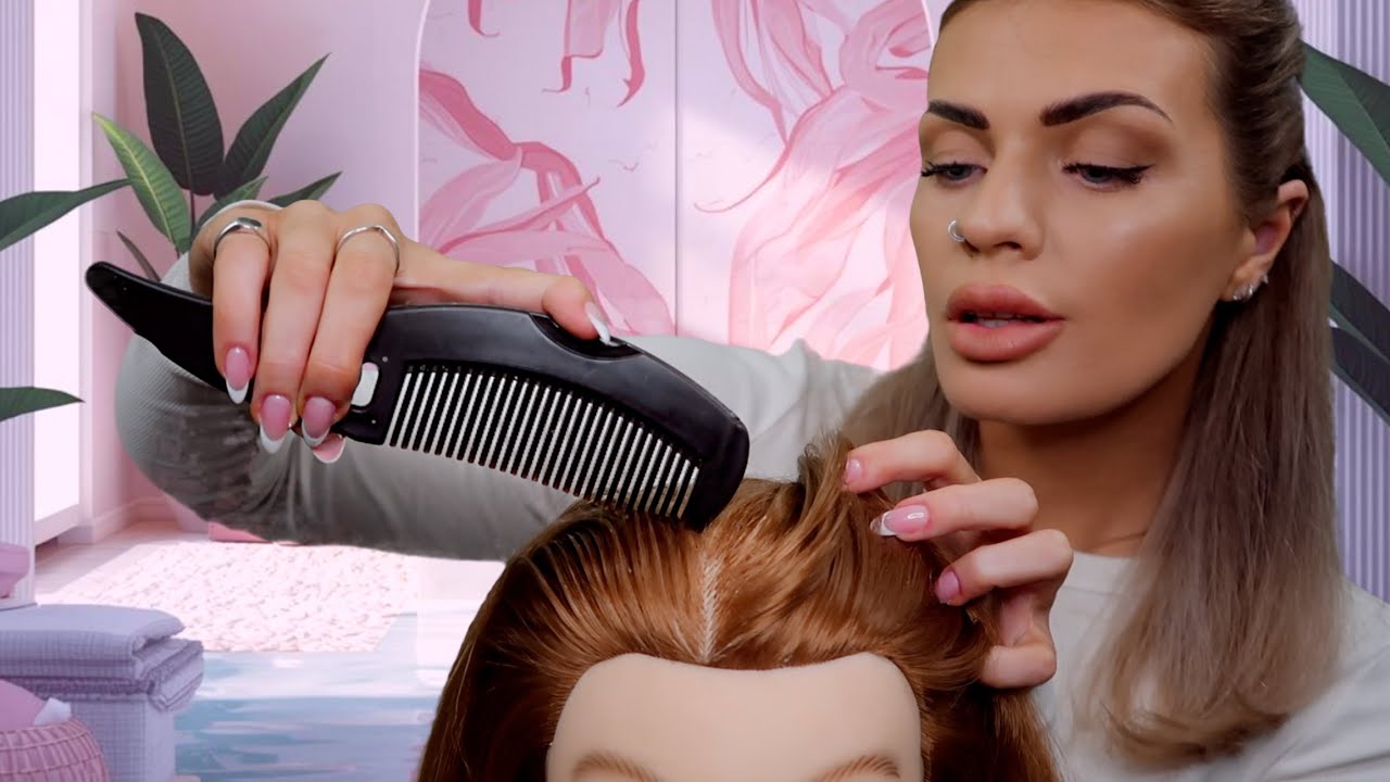 ASMR Scalp Check 💜 scratching your scalp, dandruff removal, hair brushing  (hair play roleplay)