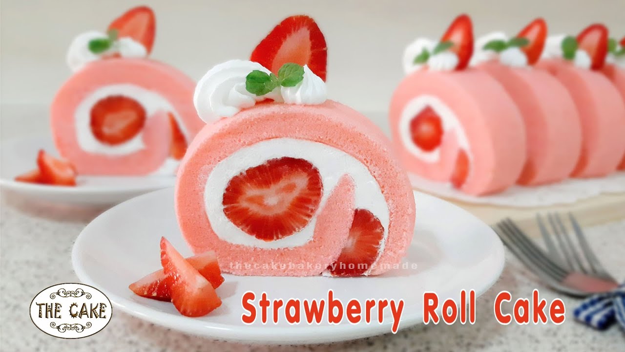 Strawberry Roll Cake Recipe - Swiss Roll : สูตรเค้กโรลสตอเบอรี่:The Cake (easy cake under 5 minutes)