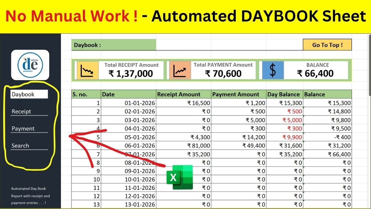 Automated Day Book Creation in Excel | Payment & Receipt Day Book in Excel (Hindi)