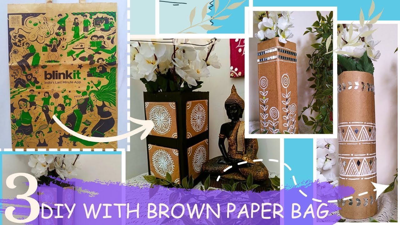 Blinkit Bag Craft Ideas || Flower Vase  with Brown Paper Bag || Reuse Brown Paper Bag Ideas ||