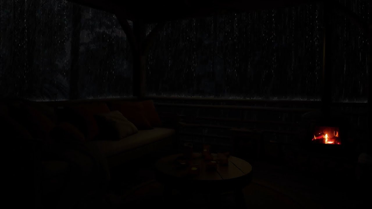 Relax with the sound of dark rain on the porch: Beautiful dream with peaceful rain | Warm fireplace