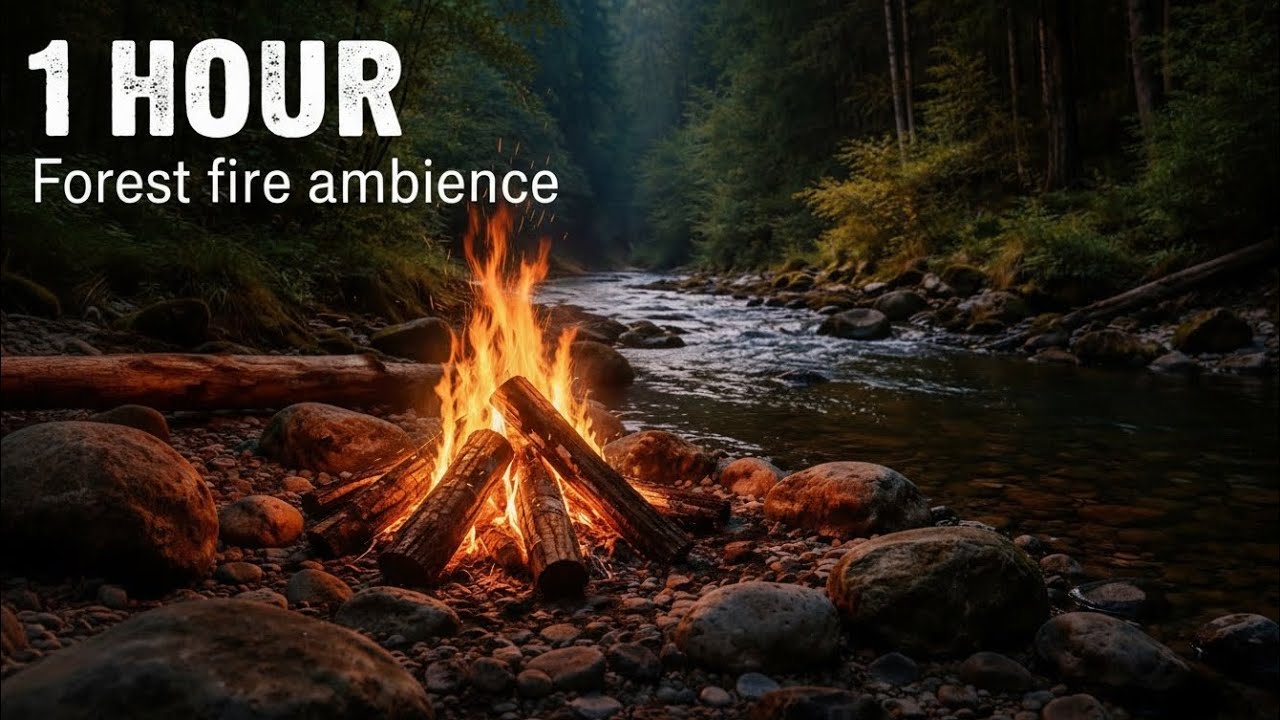 Forest Fire by the River 🔥🌊 | 1 Hour Calming Nature Sounds for Sleep & Relaxation
