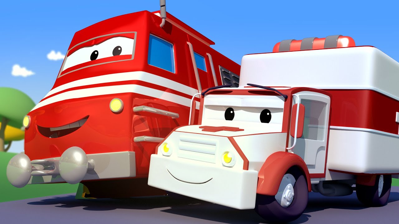 Troy The Train -  Amber the AMBULANCE treats Billy the BULLDOZER at the farm!  - Train cartoons