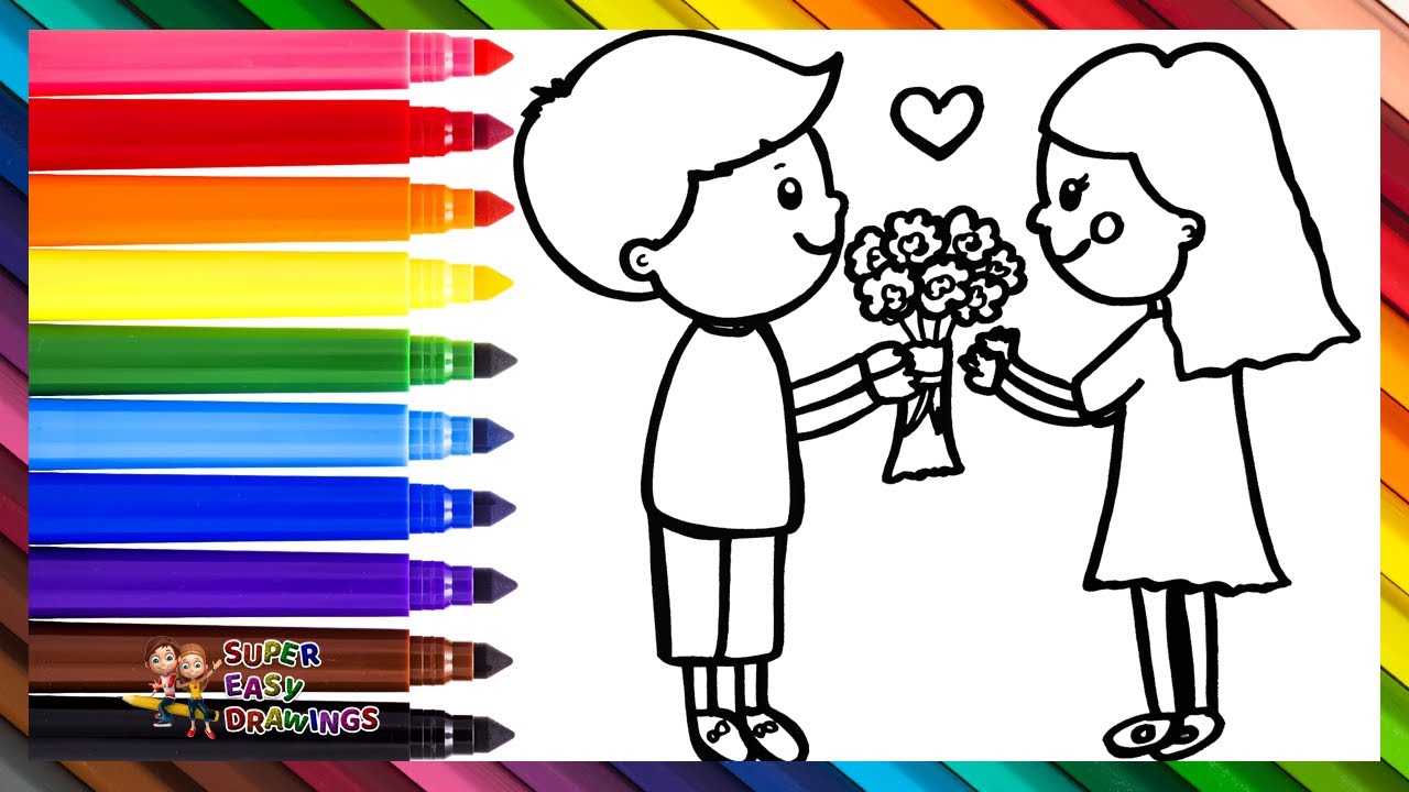 Draw and Color a Boy Giving Flowers to a Girl 👦💖💐👧🌈 Drawings for Kids