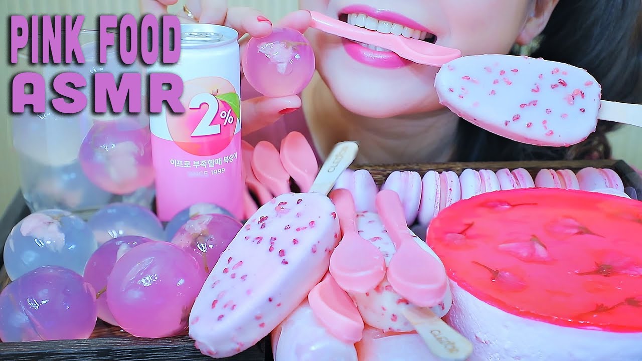 ASMR PINK FOOD CHERRY BLOSSOM MOUSSE RAIN DROP CAKE EDIBLE SPOON ICE CREAM BAR MACARON | LINH-ASMR