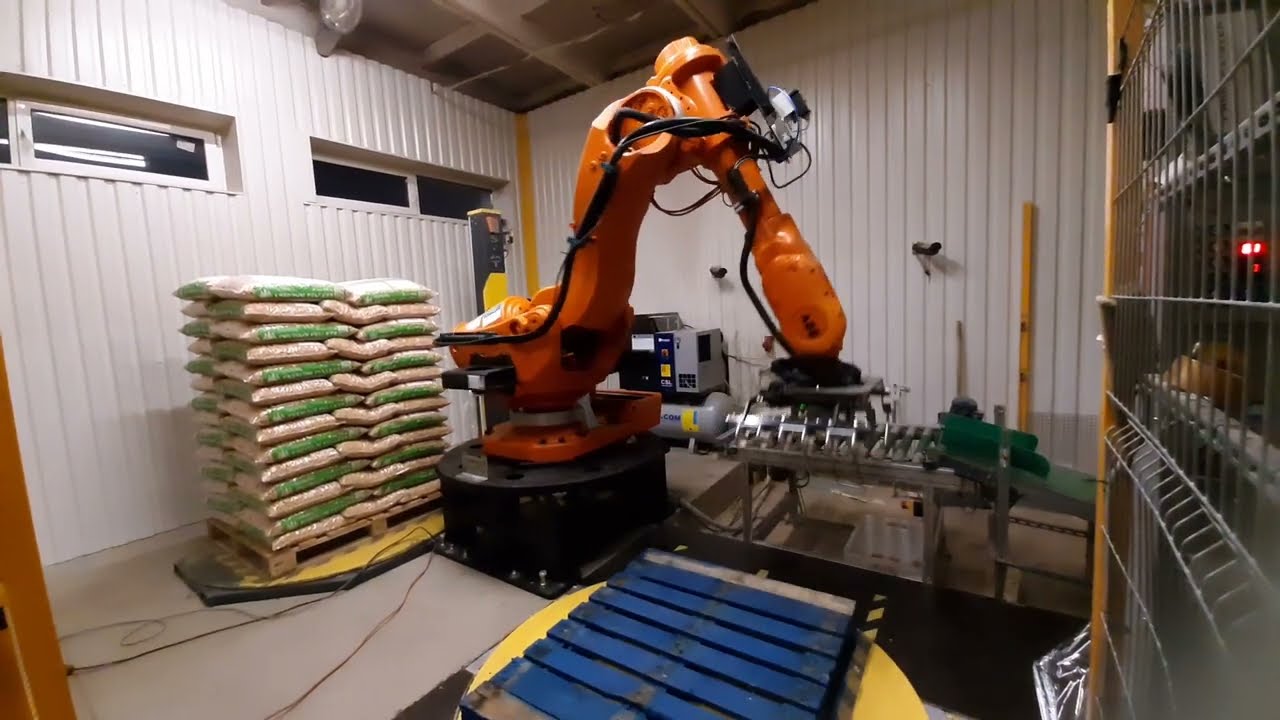 Pellet palletizing with ABB IRB 6600 industrial robot. For sale 25000 eur.