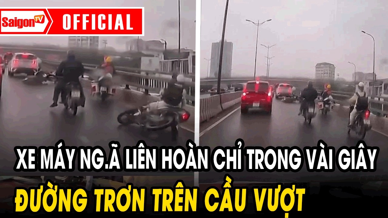 Đường trơn trên cầu vượt, xe máy ngã liên hoàn chỉ trong vài giây | Tin tức SaigonTV