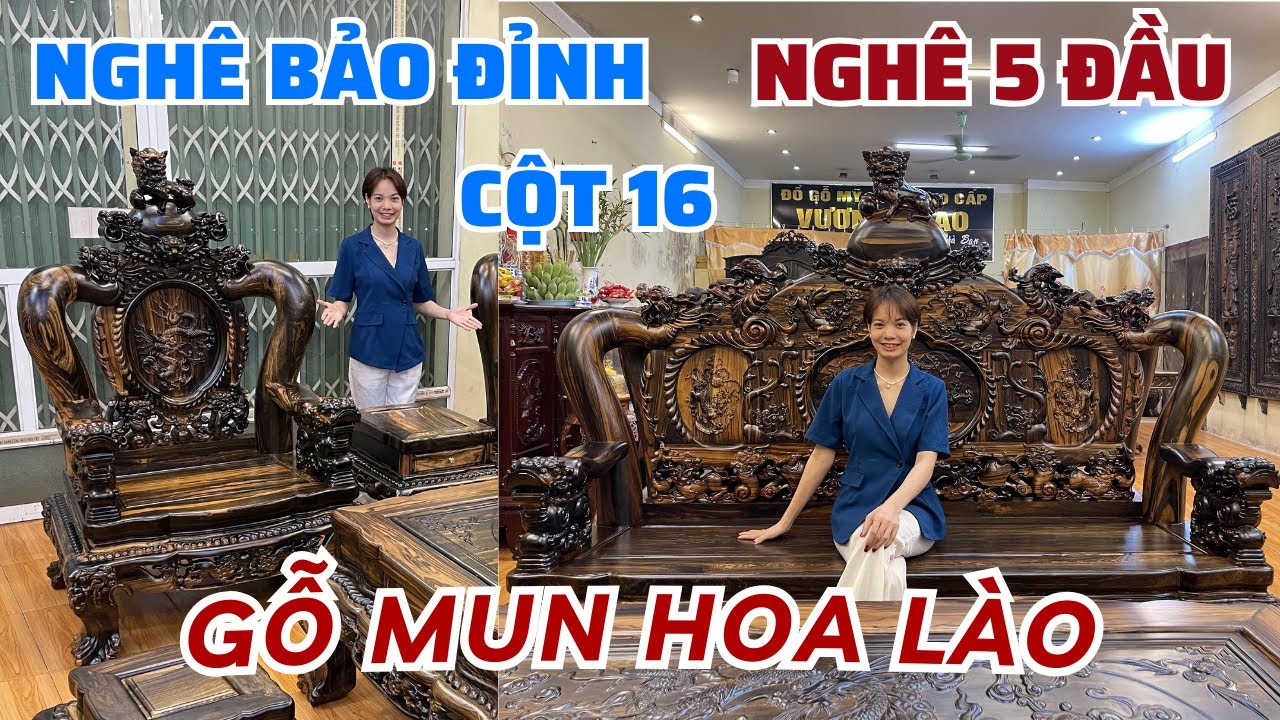 Bộ bàn ghế Nghê đỉnh 5 đầu gỗ Mun hoa Lào cột 16 cực phẩm sang trọng