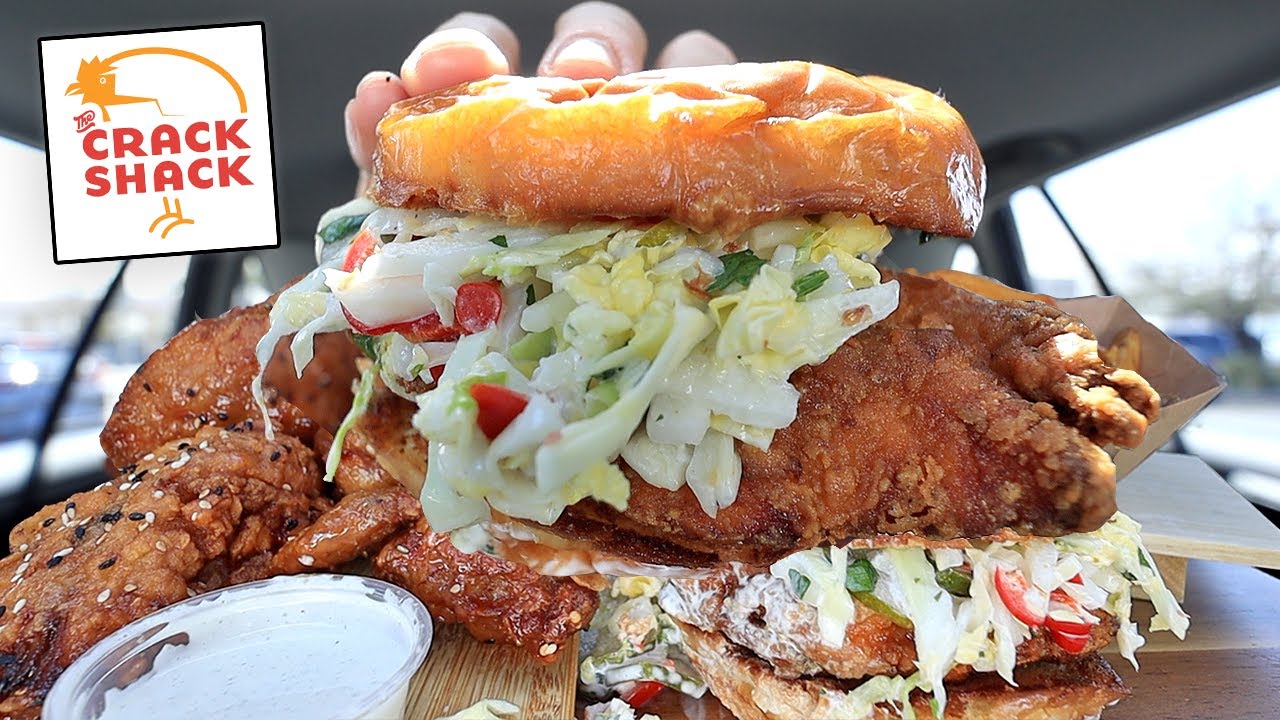 MUKBANG EATING THE CRACK SHACK FRIED CHICKEN SANDWICH SWEET HEAT FRIED CHICKEN CRISPY FRIES ASMR