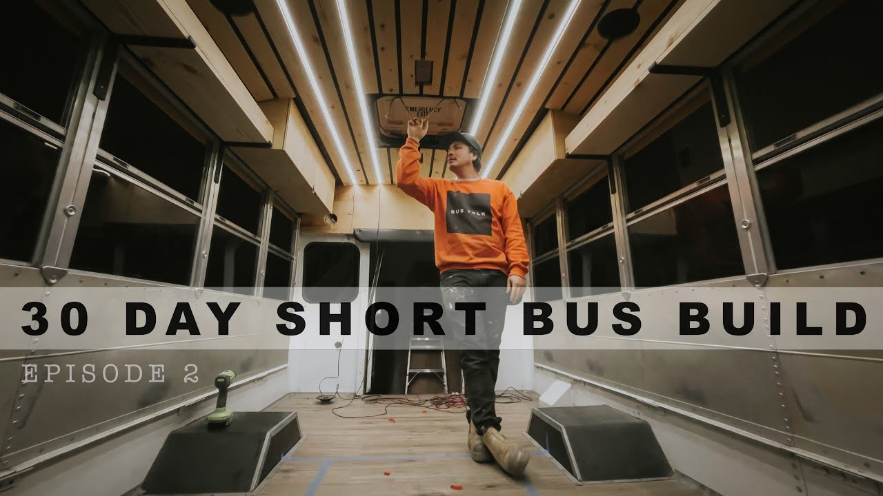 30 Day Short Bus Build - Overhead Cabinets, Open Shelves, Slat Ceiling, & Track Lighting
