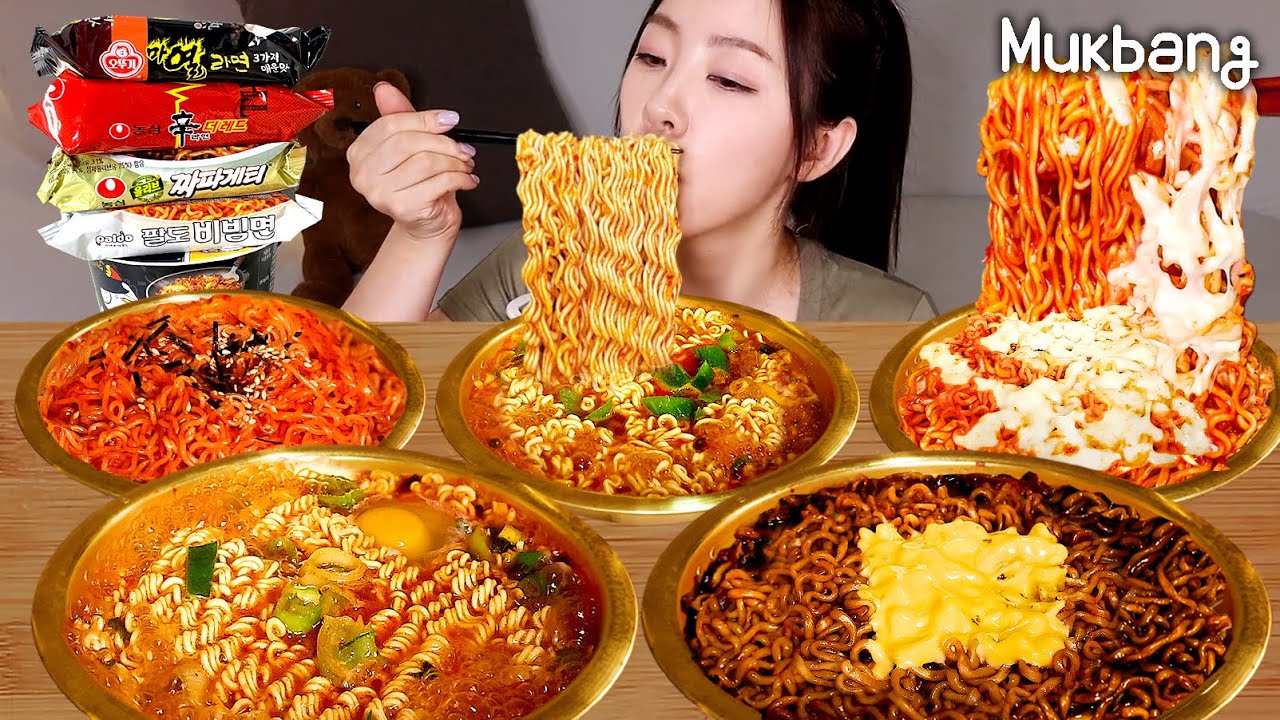Питание 5 видов популярной корейской румыны в одиночку🍜Spicy samyang Buldak noodlesㅣREAL MUKBANG