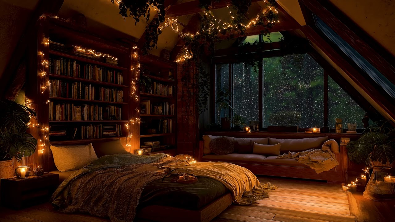Safe in a Log Cabin During a Thunderstorm | Rain, Cozy Candles, Books & Sleeping Pets Ambience