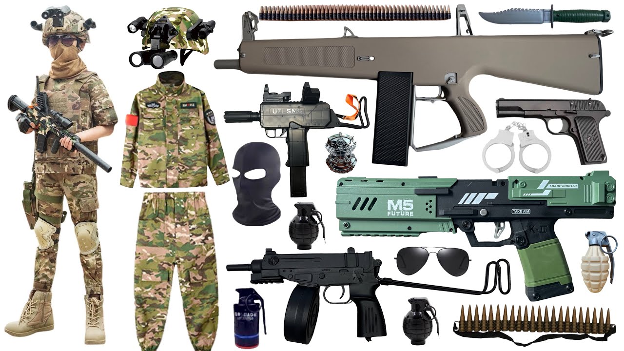 Toy gun unboxing collection, VZ61 Scorpion submachine gun, UZI submachine gun, AA-12 shotgun, pistol