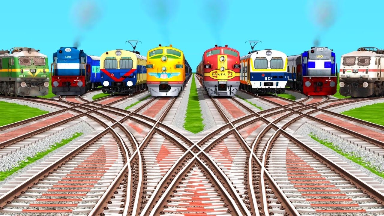 Eight Trains At Bumpy Railroad Crossing || indian railways beamng drive train | train simulator game