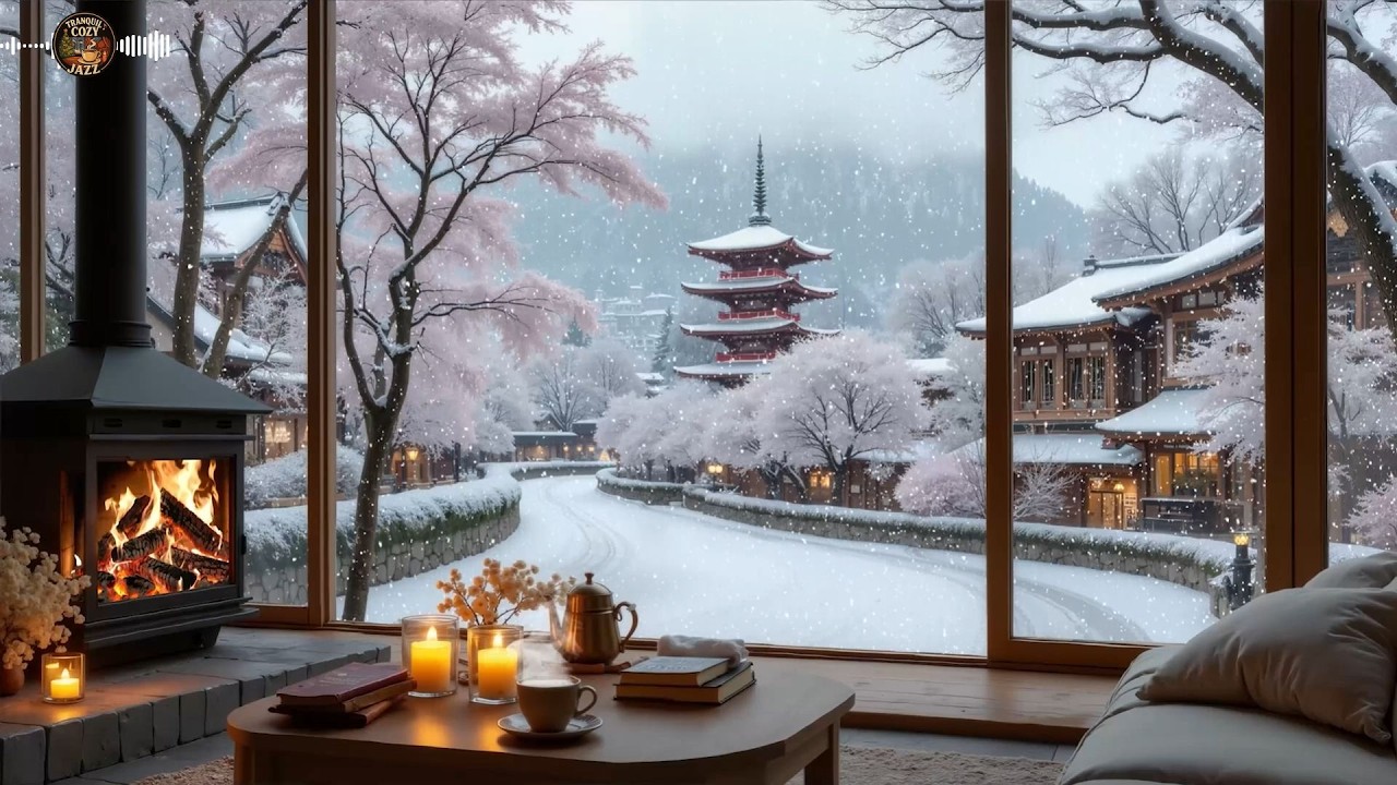 Snow Street Café Jazz☕ Расслабляющая фортепианная музыка, потрескивание огня для концентрации