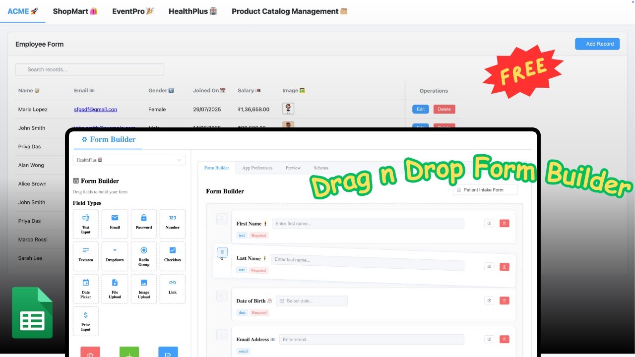 🚀 Free Drag-n-Drop Form Builder + CRUD App with Google Sheets & Apps Script