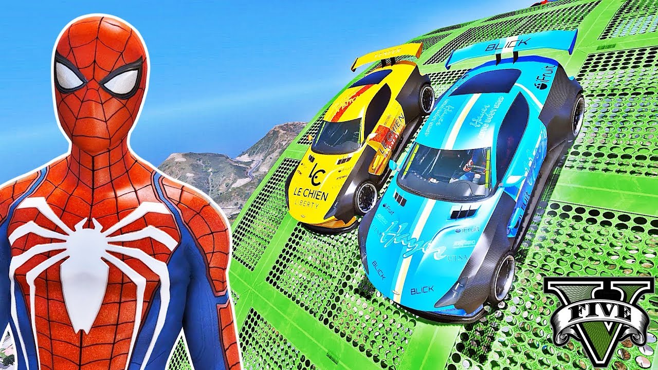 SUPER CARROS com Homem Aranha e Heróis na Mega Rampa - GTA V Mods - IR GAMES