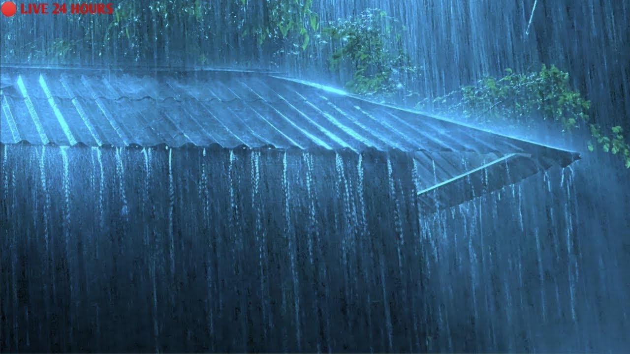 🔴 Goodbye Stress to Sleep Instantly with Heavy Rain and Thunder on Old Metal Roof at Night.